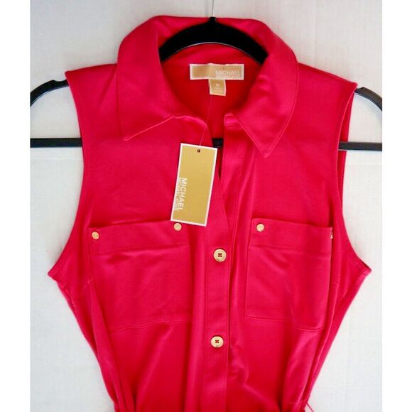 Michael Kors Women's Sz M Electric Pink Sleeveless Button Down Shirt Dress - Picture 4 of 8